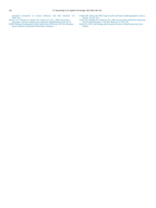 grassland ecosystems of coastal California. Soil Biol. Biochem. 34,
1599–1611.
Stewart, C.E., Paustian, K., Conant, R.T., Plante, A.F., Six, J., 2007. Soil carbon
saturation: concept, evidence and evaluation. Biogeochemistry 86, 19–31.
SYSTAT Software Incorporated, 2002. Table Curve 2D Version 5.01 for Windows.
Systat Software Incorporated, Richmond, California.
Tisdall, J.M., Oades, J.M., 1982. Organic matter and water stable aggregates in soils. J.
Soil Sci. 33, 141–163.
Vance, E.D., Brookes, P.C., Jenkinson, D.S., 1987. An extraction method for measuring
soil microbial biomass C. Soil Biol. Biochem. 19, 703–707.
Wall, D.H., 2012. Soil Ecology and Ecosystem Services. Oxford University Press,
Oxford.
194 S.T. Rosenzweig et al. / Applied Soil Ecology 100 (2016) 186–194
 