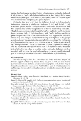 Abrachium ﬂoriforme gen. & sp. nov. (Brazil) ... 427

raising Itajahya to generic status. Further collections and molecular studies of
I. galericulata (= Phallus galericulatus (Möller) Kreisel) are also needed in order
to ensure morphological characteristics (mainly the presence of calyptra) agree
with molecular data recognizing the genus Itajahya.
    Molecular data also imply that the indusium is not a phylogenetically
informative character in Phallaceae. Malençon (1984) and Kreisel (1996)
stated that species may be closely related with or without this structure, and
that a species may or may not produce it or have a rudimentary form of it.
The phylogram indicates that although Dictyophora multicolor and D. duplicata
form a separate clade, D. indusiata clusters with Phallus hadriani, exhibiting
prior divergence with the other mentioned clade. This suggests that indusiate
species may have emerged independently during several phases of the group’s
evolution, thereby characterizing it as a polyphyletic assemblage. The phylogram
also illustrates that Mutinus is a more primitive genus in Phallaceae, as observed
by Cunningham (1944), based on data from simple sporophore morphology
and the absence of complex structures such as campanulate apex, indusium
and calyptra. It is important to note that further molecular studies are needed,
especially with key-taxa that may lead to a change in current classiﬁcation and
give us a clearer picture of the systematics and evolution of phalloid fungi.

Acknowledgments
   We thank CNPq for the Msc. Scholarship and PPBio Semi-Arid Project for
ﬁnancial support for this study. Sincere thanks are given to Prof José Luiz Bezerra
(Universidade Estadual de Santa Cruz) for encouraging this work, to Prof Vagner
Cortez for presubmission review, and to Prof. Gladstone Alves da Silva (Departamento
de Micologia, Universidade Federal de Pernambuco) for critical comments of molecular
analyses.

Literature cited
Baseia IG, Calonge FD. 2005. Aseroe ﬂoriformis, a new phalloid with a sunﬂower-shaped receptacle.
    Mycotaxon 92: 169–172.
Baseia IG, Gibertoni TB, Maia LC. 2003. Phallus pygmaeus, a new minute species from tropical
    rainforest. Mycotaxon 85: 77–79.
Bezerra JL, Pereira J, Bezerra KMT. 2009. Aseroe ﬂoriformis Baseia & Calonge: a rare phalloid
    fungus occurring in the State of Bahia, Brazil. Agrotropica 21(2): 143–144.
Blackwell M. 2011. The Fungi: 1, 2, 3 … 5.1 million species? Biodiversity Special Issue, American
    Journal of Botany: 98: 426–438. http://dx.doi.org/10.3732/ajb.1000298
Chevallier FF. 1826. Flore Générale des Environs de Paris. 1:120.
Corda AJ. 1842. Anleitung zum Studium der Mycologie, nebst kritischer Beschreibung aller
    bekannten Gattungen, und einer kurzen Geschichte der Systematik. Ehrlich.
Cunningham GH. 1944. The Gasteromycetes of Australia and New Zealand. Dunedin, New
    Zealand: John McIndoe.
Dring DM. 1980. Contributions towards a rational arrangement of the Clathraceae. Kew Bull.
    35(1): 1–96. http://dx.doi.org/10.2307/4117008
 