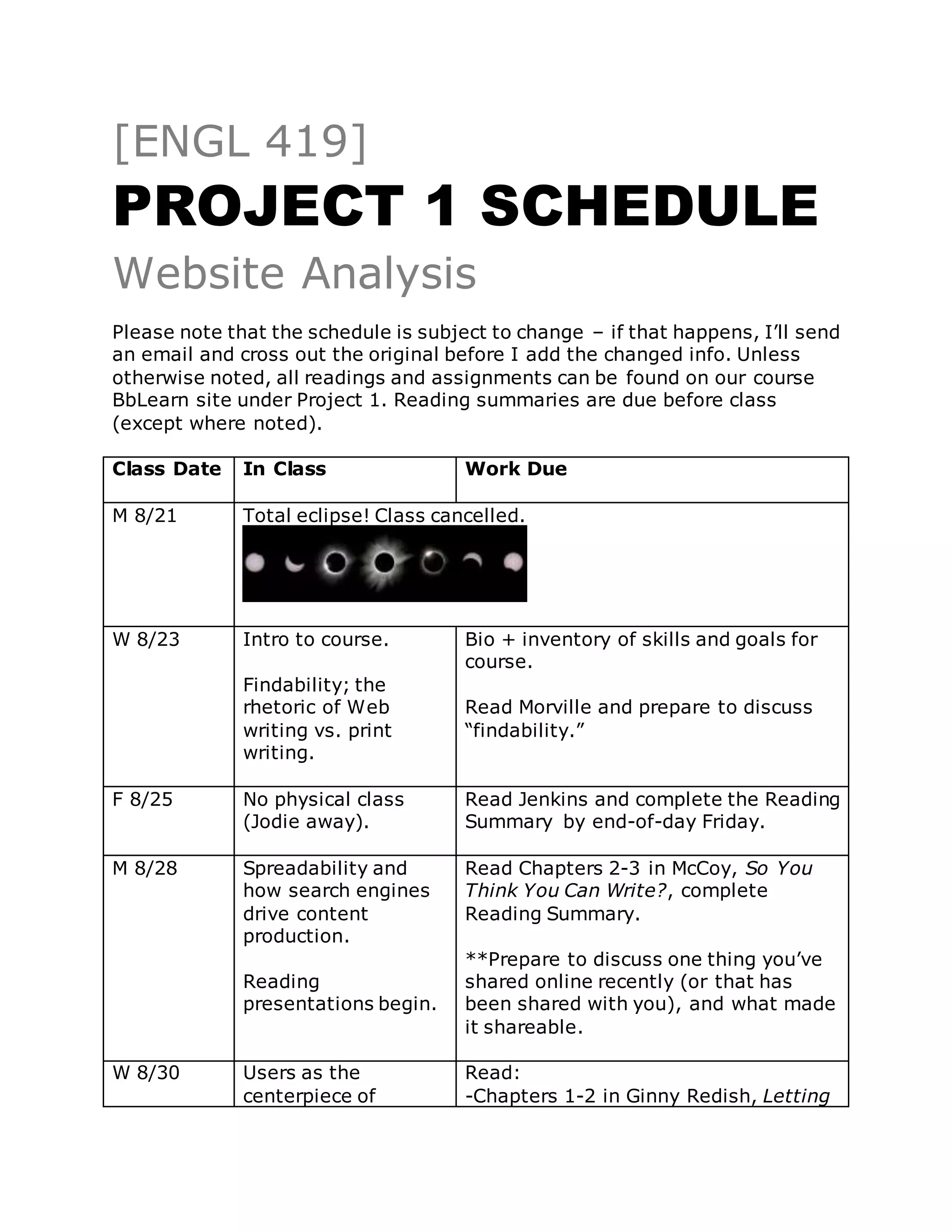 ENGL 419 Project 1 Schedule | PDF