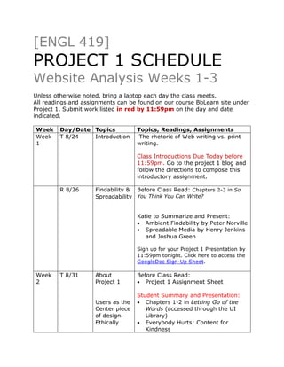 [ENGL 419]
PROJECT 1 SCHEDULE
Website Analysis Weeks 1-3
Unless otherwise noted, bring a laptop each day the class meets.
All readings and assignments can be found on our course BbLearn site under
Project 1. Submit work listed in red by 11:59pm on the day and date
indicated.
Week Day/Date Topics Topics, Readings, Assignments
Week
1
T 8/24 Introduction The rhetoric of Web writing vs. print
writing.
Class Introductions Due Today before
11:59pm. Go to the project 1 blog and
follow the directions to compose this
introductory assignment.
R 8/26 Findability &
Spreadability
Before Class Read: Chapters 2-3 in So
You Think You Can Write?
Katie to Summarize and Present:
• Ambient Findability by Peter Norville
• Spreadable Media by Henry Jenkins
and Joshua Green
Sign up for your Project 1 Presentation by
11:59pm tonight. Click here to access the
GoogleDoc Sign-Up Sheet.
Week
2
T 8/31 About
Project 1
Users as the
Center piece
of design.
Ethically
Before Class Read:
• Project 1 Assignment Sheet
Student Summary and Presentation:
• Chapters 1-2 in Letting Go of the
Words (accessed through the UI
Library)
• Everybody Hurts: Content for
Kindness
 