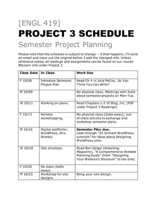 [ENGL 419]
PROJECT 3 SCHEDULE
Semester Project Planning
Please note that the schedule is subject to change – if that happens, I’ll send
an email and cross out the original before I add the changed info. Unless
otherwise noted, all readings and assignments can be found on our course
BbLearn site under Project 3.
Class Date In Class Work Due
F 10/06 Introduce Semester
Project Plan
Read Ch 4 in Julia McCoy, So You
Think You Can Write?
M 10/09 No physical class. Meetings with Jodie
about semester projects on Mon-Tue.
W 10/11 Working on plans. Read Chapters 1-2 of Blog, Inc. (PDF
under Project 3 Readings)
F 10/13 Remote
workshopping.
No physical class (Jodie away); out-
of-class activity to exchange and
workshop semester plans.
M 10/16 Digital platforms:
WordPress, Wix,
Weebly
Semester Plan due.
Look through “25 brilliant WordPress
tutorials” for ideas about designing
WordPress sites
W 10/18 Site structure. Read Ben Seigel (Smashing
Magazine), “A Comprehensive Website
Planning Guide” (from “Designing
Your Website’s Structure” to the end).
F 10/20 No class (Jodie
away)
M 10/23 Workshop for site
designs.
Bring your site design.
 