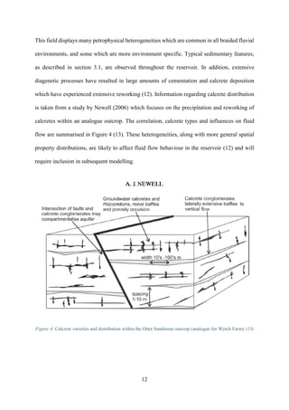 12
This field displays many petrophysical heterogeneities which are common in all braided fluvial
environments, and some which are more environment specific. Typical sedimentary features,
as described in section 3.1, are observed throughout the reservoir. In addition, extensive
diagenetic processes have resulted in large amounts of cementation and calcrete deposition
which have experienced extensive reworking (12). Information regarding calcrete distribution
is taken from a study by Newell (2006) which focuses on the precipitation and reworking of
calcretes within an analogue outcrop. The correlation, calcrete types and influences on fluid
flow are summarised in Figure 4 (13). These heterogeneities, along with more general spatial
property distributions, are likely to affect fluid flow behaviour in the reservoir (12) and will
require inclusion in subsequent modelling.
Figure 4: Calcrete varieties and distribution within the Otter Sandstone outcrop (analogue for Wytch Farm) (13)
 