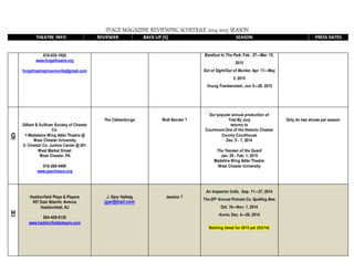 STAGE MAGAZINE REVIEWING SCHEDULE 2014-2015 SEASON
THEATRE INFO REVIEWER BACK UP [S] SEASON PRESS DATES
610-935-1920
www.forgetheatre.org
forgetheatrephoenixville@gmail.com
Barefoot In The Park, Feb. 27—Mar. 15,
2015
Out of Sight/Out of Murder, Apr. 17—May
3, 2015
Young Frankenstein, Jun 5—28, 2015
G
Gilbert & Sullivan Society of Chester
Co.
1-Madeleine Wing Adler Theatre @
West Chester University
2- Chester Co. Justice Center @ 201
West Market Street
West Chester, PA
610-269-5499
www.gsschesco.org
The Clattenburgs Walt Bender ?
Our popular annual production of
Trial By Jury
returns to
Courtroom One of the Historic Chester
County Courthouse
Dec. 5 - 7, 2014
The Yeomen of the Guard
Jan. 29 - Feb. 1, 2015
Madeline Wing Adler Theatre
West Chester University
Only do two shows per season
H
Haddonfield Plays & Players
957 East Atlantic Avenue
Haddonfield, NJ
854-429-8139
www.haddonfieldplayers.com
J. Gary Hellwig
jgar@mail.com
Jessica ?
An Inspector Calls, Sep. 11—27, 2014
The 25th Annual Putnam Co. Spelling Bee,
Oct. 16—Nov. 1, 2014
Annie, Dec. 4—20, 2014
Nothing listed for 2015 yet (8/2/14)
 