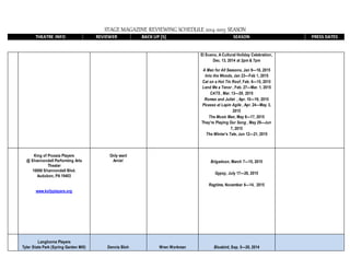 STAGE MAGAZINE REVIEWING SCHEDULE 2014-2015 SEASON
THEATRE INFO REVIEWER BACK UP [S] SEASON PRESS DATES
El Sueno, A Cultural Holiday Celebration,
Dec. 13, 2014 at 2pm & 7pm
A Man for All Seasons, Jan 9—18, 2015
Into the Woods, Jan 23—Feb 1, 2015
Cat on a Hot Tin Roof, Feb. 6—15, 2015
Lend Me a Tenor , Feb. 27—Mar. 1, 2015
CATS , Mar. 13—29, 2015
Romeo and Juliet , Apr. 10—19, 2015
Picasso at Lapin Agile , Apr. 24—May 3,
2015
The Music Man, May 8—17, 2015
They’re Playing Our Song , May 29—Jun
7, 2015
The Winter’s Tale, Jun 12—21, 2015
King of Prussia Players
@ Shannondell Performing Arts
Theater
10000 Shannondell Blvd.
Audubon, PA 19403
www.kofpplayers.org
Only want
Arnie! Brigadoon, March 7—15, 2015
Gypsy, July 17—26, 2015
Ragtime, November 6—14, 2015
Langhorne Players
Tyler State Park (Spring Garden Mill) Dennis Bloh Wren Workman Bluebird, Sep. 5—20, 2014
 