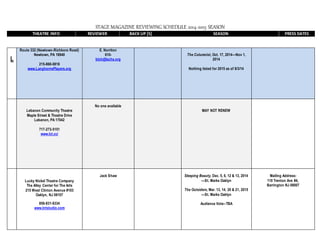 STAGE MAGAZINE REVIEWING SCHEDULE 2014-2015 SEASON
THEATRE INFO REVIEWER BACK UP [S] SEASON PRESS DATES
L
Route 332 (Newtown-Richboro Road)
Newtown, PA 18940
215-860-0818
www.LanghornePlayers.org
E. Norriton
610-
bloh@lschs.org
The Columnist, Oct. 17, 2014—Nov 1,
2014
Nothing listed for 2015 as of 8/3/14
Lebanon Community Theatre
Maple Street & Theatre Drive
Lebanon, PA 17042
717-273-5151
www.lct.cc/
No one available
MAY NOT RENEW
Lucky Nickel Theatre Company
The Alley Center for The Arts
215 West Clinton Avenue #103
Oaklyn, NJ 08107
856-831-8334
www.lntstudio.com
Jack Shaw Sleeping Beauty, Dec. 5, 6, 12 & 13, 2014
—St. Marks Oaklyn
The Outsiders, Mar. 13, 14, 20 & 21, 2015
—St. Marks Oaklyn
Audience Vote--TBA
Mailing Address:
110 Trenton Ave #4,
Barrington NJ 08007
 