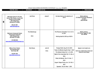 STAGE MAGAZINE REVIEWING SCHEDULE 2014-2015 SEASON
THEATRE INFO REVIEWER BACK UP [S] SEASON PRESS DATES
M
Mainstage Center For The Arts
Dennis Flyer Theatre, Lincoln Hall
Camden County College
200 College Drive
Blackwood, NJ 08083
856-227-3091
www.mainstage.org
Jack Shaw Jessica? No dates listed on the website as of
8/3/14
Mailing Address:
27 S Black Horse Pike, Blackwood,
NJ 08012
(855) 936-2467
Methacton Community Theatre
Center Square Golf Club
2620 Skippack Pike
Worcester, PA 19403
610-489-6449
www.methactoncommunitytheater.org
The Clattenburgs
Arnie
The Producers, November 7, 8, 9, 14, 15,
16 2014
Nothing listed for 2015 as of 8/3/14
Mailing address:
29 E 1st Ave, Trappe, PA 19426
(610) 489-6449
Milburn Stone Theater
One Seahawk Drive
North East, MD
410-287-1023
www.milburnstone.org
Ruth Brown John M
Chris
Farragut North, Aug. 20—23, 2014
Tarzan, the Musical, Aug.29—Sep. 7, 2014
The Addams Family, Oct. 3—12, 2014
Night of the Living Dead, Oct. 31—Nov. 2,
2014
Shrek, the Musical, Nov. 21—Dec. 7,
2014
August: Osage County, Jan. 23—Feb. 1,
2015
Spamelot, Feb. 20—Mar. 1, 2015
Appear to be 2-week runs
Ruth has a relationship w them and
books her own tickets
 