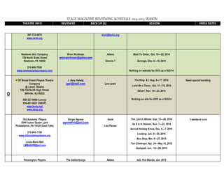 STAGE MAGAZINE REVIEWING SCHEDULE 2014-2015 SEASON
THEATRE INFO REVIEWER BACK UP [S] SEASON PRESS DATES
267-733-8876
www.nvmt.org
bloh@lschs.org
Newtown Arts Company
120 North State Street
Newtown, PA 18940
215-860-7058
www.newtownartscompany.com
Wren Workman
wrenworkman@yahoo.com
Arlene
Dennis ?
Maid To Order, Oct. 16—22, 2014
Scrooge, Dec. 4—10, 2014
Nothing on website for 2015 as of 8/3/14
O
¤ Off Broad Street Players Theatre
Company
@ Levoy Theatre
126-130 North High Street
Millville, NJ 08332
856-327-6400 (Levoy)
856-451-5437 (OBSP)
www.levoy.net
www.obsp.org
J. Gary Helwig
jgar@mail.com Lee Lewis
The King & I, Aug. 8—17, 2014
Lend Me a Tenor, Oct. 17—19, 2014
Oliver!, Nov. 14—23, 2014
Nothing on site for 2015 as of 8/3/14
Need special handling
Old Academy Players
3544 Indian Queen Lane
Philadelphia, PA 19129 (East Falls)
215-843-1109
www.oldacademyplayers.org
Linda Marie Bell
LMBell458@aol.com
Ginger Agnew
agnewfive@aol.com
Arnie
Lisa Panzer
The Lion In Winter, Sep. 12—28, 2014
As It Is In Heaven, Nov. 7—23, 2014
Annual Holiday Show, Dec. 5—7, 2014
Looking, Jan. 9—25, 2015
Bus Stop, Mar. 6—27, 2015
Ten Chimneys, Apr. 24—May 10, 2015
Godspell, Jun. 12—28, 2015
3 weekend runs
Pennington Players The Clattenburgs Arlene Into The Woods, Jan. 2015
 