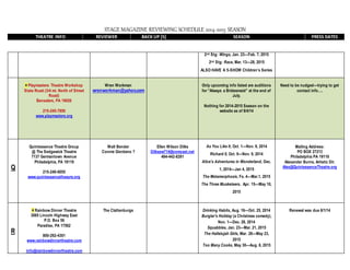 STAGE MAGAZINE REVIEWING SCHEDULE 2014-2015 SEASON
THEATRE INFO REVIEWER BACK UP [S] SEASON PRESS DATES
2nd Stg: Wings, Jan. 23—Feb. 7, 2015
2nd Stg: Race, Mar. 13—28, 2015
ALSO HAVE A 5-SHOW Children’s Series
¤ Playmasters Theatre Workshop
State Road (3/4 mi. North of Street
Road)
Bensalem, PA 19020
215-245-7850
www.playmasters.org
Wren Workman
wrenworkman@yahoo.com
Only upcoming info listed are auditions
for “Always a Bridesmaid” at the end of
July.
Nothing for 2014-2015 Season on the
website as of 8/4/14
Need to be nudged—trying to get
contact info….
Q
Quintessence Theatre Group
@ The Sedgewick Theatre
7137 Germantown Avenue
Philadelphia, PA 19119
215-240-6055
www.quintessencetheayre.org
Walt Bender
Connie Giordano ?
Ellen Wilson Dilks
Dilksew714@comcast.net
484-442-8281
As You Like It, Oct. 1—Nov. 8, 2014
Richard II, Oct. 9—Nov. 9, 2014
Alice’s Adventures in Wonderland, Dec.
1, 2014—Jan 4, 2015
The Metamorphosis, Fe. 4—Mar.1, 2015
The Three Musketeers, Apr. 15—May 10,
2015
Mailing Address:
PO BOX 27213
Philadelphia PA 19118
Alexander Burns, Artistic Dir.
Alex@QuintessenceTheatre.org
R
¤ Rainbow Dinner Theatre
3065 Lincoln Highway East
P.O. Box 56
Paradise, PA 17562
800-292-4301
www.rainbowdinnertheatre.com
info@rainbowdinnertheatre.com
The Clattenburgs Drinking Habits, Aug. 16—Oct. 25, 2014
Burglar's Holiday (a Christmas comedy),
Nov. 1—Dec. 28, 2014
Squabbles, Jan. 23—Mar. 21, 2015
The Hallelujah Girls, Mar. 28—May 23,
2015
Too Many Cooks, May 30—Aug. 8, 2015
Renewal was due 8/1/14
 