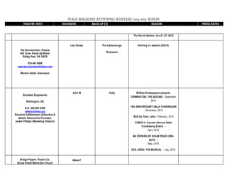 STAGE MAGAZINE REVIEWING SCHEDULE 2014-2015 SEASON
THEATRE INFO REVIEWER BACK UP [S] SEASON PRESS DATES
The Secret Garden, Jun.5—27, 2015
The Barnstormers Theatre
402 Tome Street (@ Ward)
Ridley Park, PA 19078
610-461-9969
www.barnstormerstheater.com
Marsha Amato Greenspan
Lisa Panzer The Clattenburgs
Roseanne
Nothing on website (8/2/14)
Bootless Stageworks
Wilmington, DE
B.O. 302-887-9300
www.bootless.org
Rosanne DellAversano (Executive &
Artistic Director/Co-Founder)
Jackie Phillips (Marketing Director)
John M Holly William Shakespeare presents
TERMINATOR, THE SECOND - September,
2014
10th ANNIVERSARY GALA FUNDRAISER
- November, 2014
BUG by Tracy Letts - February, 2015
CHESS In Concert (Annual Artist
Fundraising Event) -
April, 2015
AN EVENING OF DISASTROUS ONE-
ACTS –
May, 2015
EVIL DEAD, THE MUSICAL – July, 2015
Bridge Players Theatre Co.
Broad Street Methodist Church
Arlene?
 