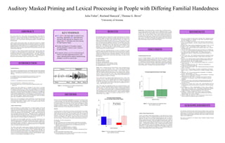 Auditory Masked Priming and Lexical Processing in People with Differing Familial Handedness
Julia Fisher1
, Roeland Hancock1
, Thomas G. Bever1
Prior research claims that in early sentence processing right-handers with familial left-
handedness (FS+) focus on lexical information, while right-handers without it (FS-) focus on
syntax [18]. To determine whether this difference exists in isolated word recognition, we
contrasted FS+ and FS- lexical decision using Kouider and Dupoux’s [12] auditory masked
priming paradigm.
Auditory masked priming presents subjects with masked primes followed by unmasked
targets. Masking is achieved through overlaid noise and prime compression. Using auditory
masked priming with synthetic English, Davis et al. [7] found repetition priming for only low
neighborhood density words. We used the factor neighborhood density in our study with
naturally-spoken English, and further explored auditory masked priming by allowing a small
variation in prime-target delay.
We find that FS+ subjects experience priming for both high and low frequency targets while
FS- subjects only experience priming for low frequency targets. This suggests that FS+
individuals have greater facility with lexical processing than FS- individuals. Additionally,
we find priming for both low and high neighborhood density words, suggesting that past
results may be due to loss of information in synthetic speech. Finally, the presence of
priming shows that the paradigm is robust to small variations in its structure.
Familial Handedness
Past research has demonstrated that there exist language processing and neurological
differences between right-handed individuals with (FS+) and without (FS-) left-handed blood
relatives. FS- individuals have been shown to be more sensitive than FS+ individuals to the
following:
��the difference between main and subordinate clauses ([2] & [6], as cited in [1])
� the difference between active and passive sentences ([5] as cited in [1])
��word order [18]
In contrast, FS+ individuals have been shown to do the following:
��read words faster than FS- individuals ([5] as cited in [1])
��have faster response times in a task involving sentence fragments and probe words/
phrases [18]
Combined, these results indicate that FS- individuals are more sensitive to structural/
grammatical information than FS+ individuals, while FS+ individuals are more efficient than
FS- individuals at lexical processing. In terms of neurological differences, FS+ individuals
were found to suffer from major aphasia less frequently and recover from such aphasia more
quickly than FS- individuals when the left-hemisphere was damaged [13]. In an fMRI study
of left-hemispheric language dominance, Tzourio-Mazoyer et al. [19] showed that FS+ right-
handers with weak manual preference were not left-hemisphere dominant while listening to a
story in their native language. Relatedly, Hancock [9] found that a model of the additive
genetic effects of handedness correlated with EEG asymmetries.
Because many of the psycholinguistic studies described above involved both lexical and
syntactic processing, a question that arises is whether or not FS+ and FS- individuals differ
in lexical processing outside of a syntactic context. We investigate this using a relatively
new paradigm: auditory masked priming.
1
University of Arizona
Auditory Masked Priming
Kouider and Dupoux’s [12] masked priming task is an auditory analogue of Forster and
Davis’s [8] visual masked priming paradigm. Like in visual masked priming, auditory
masked priming presents subjects with a prime followed by a target. The prime is masked in
multiple ways. First, it is sandwiched between auditory “masks” — words that have been
reversed, time-compressed, and volume-attenuated. A single forward mask precedes the
prime, and multiple backward masks follow it. Additionally, the prime is compressed and
volume-attenuated to the same degree as the masks. The target retains its original length and
volume and is superimposed immediately after the prime over the backwards masks. The
auditory impression is of a loud word spoken over background noise.
Seventy-one native-English-speaking undergraduates at the University of Arizona (34 men,
37 women, mean age = 19.64 years) participated in the experiment. They completed three
computer tasks including the lexical decision auditory masked priming task. Presentation of
the computer portions of the experiment were done using the Psychophysics Toolbox
extensions for Matlab [4], [11], [15]. Following the computer tasks, subjects completed a
handedness questionnaire adapted from Oldfield’s [14] handedness inventory, a familial
handedness questionnaire [10], and a language history and usage survey.
Materials
A modified version of a script written by Scott Jackson and Dan Brenner for the computer
software PRAAT [3] was used to compress the words and pseudowords to 35% of their
original length and create the stimuli. The lexical statistics used to select the targets and
primes were taken from the Irvine Phonotactic Online Dictionary [21]. All stimuli were
recorded by a female native English speaker in her early twenties who grew up both in
Tucson, AZ and in Monterey, CA. She was a student at the University of Arizona at the
time of the recording. A brief description of the auditory masked priming stimuli is below:
��240 targets: 120 words, 120 pseudowords
��All bisyllabic
��Target words chosen to have raw frequency between 10 and 100 occurrences/million
��Target pseudowords chosen to have unstressed, unweighted, word-average biphoneme,
triphoneme, and positional probabilities at most one standard deviation below the
respective means for real words
��Half of targets: low neighborhood density (1-3 neighbors)
��Half of targets: high neighborhood density (10+ neighbors)
��Spoken lexical uniqueness point in rhyme of second syllable or immediately after final
phone
��Primes chosen based on same criteria as targets
��Primes and target pairs created by Python script written by first author with verification
of semantic dissimilarity also ensured by first author.
Only right-handed subjects (as determined by strength of hand preference for writing and
throwing and strength of foot preference for kicking), subjects that achieved an accuracy
rate of at least 80%, and subjects without experimental glitches were included in the
analyses. This left 58 subjects (30 women: 19 FS+/11 FS- ; 28 men: 12 FS+/16 FS-). All
of the statistical work was done using the R system for statistical computing [16]. Reaction
times were measured from the beginning of each target. For each subject, reaction times
greater than two standard deviations from the mean were cut to two standard deviations
from the mean. Additionally, in order to better approximate a normal distribution, all cut
reaction times were transformed using the natural logarithm. In order to satisfy
homogeneity of variance (as measured by Levene’s Test of Homogeneity of Variance),
words and pseudowords were analyzed separately.
In addition to the factor counterbalanced group, two factors not included in the original
design were added to the analysis in order to remove error from the error term: frequency
of target (low or high based on an even split of the word targets) and location of the lexical
uniqueness point (during the target or immediately following it). Thus, both words and
pseudowords were analyzed with a mixed six/seven factor analysis of variance with the
following factors:
��familial handedness: FS+/FS-
��gender: male/female
��neighborhood density: low/high
��prime type: repetition/unrelated
��frequency (only used for the word analysis): low/high
��lexical uniqueness point: during target/following target
��counterbalanced group: two levels
Words: Due to a significant interaction among all factors except counterbalanced group
(F1(1,50) = 5.11, p < 0.05; F2(1,104) = 5.51, p < 0.05), we split the data by familial
handedness and examined the effects of the other factors. For FS+ subjects, there was a
significant main effect of prime type (F1(1,27) = 26.38, p < 0.001; F2(1,104) = 24.84, p <
0.001) and a significant interaction among frequency, lexical uniqueness point, and gender
(F1(1,27) = 4.83, p < 0.05, F2(1,104) = 5.02, p < 0.05). When investigated, the interaction
showed no significant sub-effects. However, the effect of prime type showed that FS+
subjects experienced on average 29 ms of priming.
For FS- subjects, there was a significant effect of prime type (F1(1,23) = 13.80, p < 0.01;
F2(1,104) = 12.47, p < 0.001) and a marginally significant interaction between prime type
and frequency (F1(1,23) = 6.51 p < 0.05; F2(1,104) = 3.76 p = 0.055). An exploration of
the interaction revealed that for low frequency targets, there was no effect of prime type (p
> 0.05). For high frequency targets, however, prime type was significant (F1(1,25) =
14.86, p < 0.001; F2(1,58) = 8.51, p < 0.01).
These results suggest that right-handed familials only experienced priming for high
frequency words while left-handed familials experienced priming for both frequency
levels. See Figure 2. In order to truly determine whether or not priming differed between
FS+ and FS- subjects for low frequency targets, we calculated a log priming score for each
subject and target and conducted an analysis of variance with factors familial handedness
and counterbalanced group. Results showed that FS+ subjects experienced marginally
greater priming than FS- subjects for low frequency word targets (F1(1,54) = 3.28, p =
0.076; F2(1,58) = 3.19, p = 0.079).
Auditory Masked Priming Discussion
In terms of the auditory masked priming paradigm, we found that the task is robust to
minor variations in timing. Even though the time between the end of the prime and the
beginning of the target varied, we still found repetition priming for words. In contrast to
Davis et al. [7], however, we did not find a priming difference between word targets of
differing neighborhood densities. Rather, both neighborhood density ranges experienced
priming; there were no interactions indicating differences in the amount of priming. See
Figure 3. Synthetic speech is unlikely to contain the full set of cues available in natural
speech. It is possible that information loss due to synthetic speech made processing of
high neighborhood density words more challenging, causing them not to experience
priming in [7]. To fully understand the interplay between the paradigm and speech type,
more research is needed along the line of Schluter [17], who examined the differences in
auditory masked priming results for synthetic and natural speech.
1. Bever, T.G., C. Carrithers, W. Cowart, and D.J. Townsend. 1989. Language processing
and familial handedness. In: Galaburda, Al., Editor., 1989. From neurons to reading,
MIT Press, Cambridge, MA. 331-360.
2. Bever, T.G., C. Carrithers, and D. Townsend. 1989. Sensitivity to clause structure as a
function of familial handedness. University of Rochester, Cognitive Sciences Technical
Report no. 43.
3. Boersma, P. 2001. “Praat, a system for doing phonetics by computer,” GLOT. 5. 341-345.
4. Brainard, D. H. 1997. The Psychophysics Toolbox. Spatial Vision. 10. 433-436.
5. Carrithers, C. 1988. Canonical sentence structure and psych-ergative verbs. Journal of
Psycholinguist Research.
6. Cowart, W. 1988. Familial sinistrality and syntactic processing. In J. M. Williams and
C. J. Long, eds., Cognitive approaches to neuropsychology. 273-286. New York: Plenum.
7. Davis, Chris, Jeesun Kim, and Angelo Barbaro. 2010. Masked speech priming:
Neighborhood size matters (L). Journal of the Acoustical Society of America. 127.
2110-2113.
8. Forster, K. and C. Davis. 1984. Repetition priming and frequency attenuation in lexical
access. Journal of Experimental Psychology: Learning, Memory, and Cognition. 10.
680-698.
9. Hancock, R. 2012. Bayesian estimates of genetic handedness predict oscillatory brain
activity. Presented at the 14th Annual Meeting of the International Behavioural and
Neural Genetics Society. May 15-19. Boulder, Colorado.
10. Hancock, R. & Bever, T.G. 2009. Familial Handedness Pedigree Form. University of
Arizona, Tucson, AZ.
11. Kleiner, M., D. Brainard, and D. Pelli. 2007. “What’s new in Psychtoolbox-3?”
Perception 36 ECVP Abstract Supplement.
12. Kouider, Sid and Emmanuel Dupoux. 2005. Subliminal Speech Priming. Psychological
Science. 16. 617-625.
13. Luria, A.R. 1947. Traumatic aphasia: Its syndrome, psychopathology, and treatment
(Russian). Moscow: Academy of Medical Sciences. Translation, The Hague: Mouton,
1970.
14. Oldfield, R.C. 1971. The Assessment and Analysis of Handedness: The Edinburgh
Inventory. Neuropsychologia. 9. 97-113.
15. Pelli, D.G. 1997. The VideoToolbox Software for visual psychophysics: Transforming
numbers into movies. Spatial Vision. 10. 437-442.
16. R Development Core Team. 2009. R: A language and environment for statistical
computing (ver. 2.14.1) [Software]. Vienna, Austria: R Foundation for Statistical
Computing.
17. Schluter, K. In prep. Sorry, Crystal, I think we should start hearing other people: The
non- equivalence of synthetic and natural speech in subliminal speech priming. Ms.,
University of Arizona.
18. Townsend, D. J., C. Carrithers, and T. G. Bever. 2001. Familial Handedness and Access
to Words, Meaning, and Syntax during Sentence Comprehension. Brain and Language.
78. 308-331.
19. Tzourio-Mazoyer, N., L. Petit, A. Razafimandimby, F. Crivello, L. Zago, G. Jobard, M.
Joliot, E. Mellet, and B. Mazoyer. 2010. Left Hemisphere Lateralization for Language
in Right-Handers Is Controlled in Part by Familial Sinistrality, Manual Preference
Strength, and Head Size. The Journal of Neuroscience. 30. 13314-13318.
20. Ussishkin, A., A. Wedel, K. Schluter, and C. Dawson. In prep. Overcoming the
Orthographic Confound in Semitic: Supraliminal and Subliminal Root and Pattern
Priming in Maltese. Ms., University of Arizona.
21. Vaden, K.I., Halpin, H.R., Hickok, G.S. 2009. Irvine Phonotactic Online Dictionary,
Version 2.0. [Data file]. Available from http://www.iphod.com.
The original work with the paradigm showed that it can produce natural-speech word
repetition priming in French (without subject awareness) when the prime is compressed to
35% of its original length [12]. Ussishkin et al. [20] found form priming in Maltese when
prime-target pairs shared a consonantal root. Davis et al.’s [7] work on synthetic English
showed that the paradigm can be sensitive to neighborhood density (only low neighborhood
density word targets (not high) achieved priming.
We conduct a basic auditory masked priming experiment with repetition and unrelated
primes. We follow Davis et al. [7] in using two neighborhood density groups in order to
maximize the range of environments in which FS+ and FS- individuals might differ. We
differ from previous auditory masked priming work in aligning the end of each target with
the end of the backwards masks (see Figure 1). This produces differing amounts of time
between the end of the prime and the beginning of the target. While this difference is subtle,
it allows us to test the robustness of the paradigm in a novel way.
Figure 1. Visual depiction of an auditory masked priming
stimulus item
Pseudowords: For the pseudoword analysis, one subject (male, FS-) had to be removed
from the subject analysis and three targets (one low neighborhood density, two high
neighborhood density) from the item analysis in order to ensure that the analysis contained
no empty cells. The only significant effect was lexical uniqueness point (F1(1,49) =
132.41, p < 0.001; F2(1,109) = 14.50, p < 0.001). However, because the experiment was
not designed to have equal numbers of targets with the two lexical uniqueness point levels,
only 10 of the 120 pseudoword targets had lexical uniqueness points that fell after the
target, and only seven of those were included in the pseudoword analysis. Thus, the above
result, while intriguing, is likely an artifact of stimuli imbalance.
Figure 2. Error bars represent one standard deviation
above and below the mean.
Figure 3. Error bars represent one standard deviation
above and below the mean.
RESULTSABSTRACT
INTRODUCTION
DISCUSSION
� FS+ and FS- individuals differ in isolated lexical
processing. Specifically, FS+ individuals show
priming for both high and low frequency word
targets while FS- individuals only show priming
for high frequency targets.
� Kouider and Dupoux's [12] auditory masked
priming paradigm is robust to minor variations
in stimulus timing.
� In contrast to Davis et al. [7], we find priming for
both low and high neighborhood density word
targets, indicating that the auditory masked priming
paradigm is sensitive to speech type.
KEY FINDINGS
METHODS
REFERENCES
Familial Handedness Discussion
In terms of familial handedness, results revealed that there are frequency-modulated
differences in isolated word processing between FS+ and FS- individuals. FS+ individuals
experienced significant priming to both high and low frequency word targets. In contrast,
FS- individuals only experienced priming to high frequency word targets, implying that
they were not able to process low frequency repetition primes quickly enough to facilitate
target response. These results are consistent with the prior findings that FS+ individuals
are more efficient than FS- individuals in processing lexical information.
ACKNOWLEDGMENTS
We would like to thank Devon Dale, Nicholas Denisuk, Kimberly Golisch, and Vanessa
Nguyen for for the vast amount of time they spent creating stimuli, running subjects, and
processing data. We would also like to thank Kevin Schluter for his constant help with the
auditory masked priming paradigm and Kenneth Forster, Adam Ussishkin, and Andrew
Wedel for their thoughtful advice.
This work was supported by the National Science Foundation Graduate Research
Fellowship Program.
 
