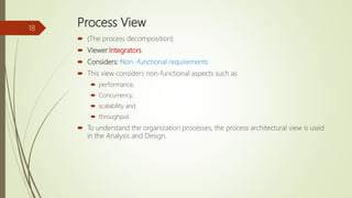 Process View
 (The process decomposition)
 Viewer:Integrators
 Considers: Non -functional requirements
 This view considers non-functional aspects such as
 performance,
 Concurrency,
 scalability and
 throughput.
 To understand the organization processes, the process architectural view is used
in the Analysis and Design.
18
 