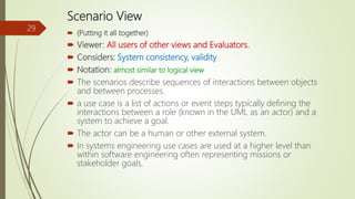 Scenario View
 (Putting it all together)
 Viewer: All users of other views and Evaluators.
 Considers: System consistency, validity
 Notation: almost similar to logical view
 The scenarios describe sequences of interactions between objects
and between processes.
 a use case is a list of actions or event steps typically defining the
interactions between a role (known in the UML as an actor) and a
system to achieve a goal.
 The actor can be a human or other external system.
 In systems engineering use cases are used at a higher level than
within software engineering often representing missions or
stakeholder goals.
29
 