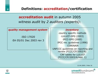 12.04.2005 | Folie 16
accreditation audit in autumn 2005
witness audit by 2 auditors (experts):
Definitions: accreditation/certification
quality management system
-ISO 17020
-EA 05/01 Dec 2003 rev 3
inventory
-country specific methods
-LULUCF-GPG (2003)
-IPCC-GPG (2000)
-IPCC rev. guidelines (1996)
- CORINAIR
-UNFCCC guidelines on reporting and
review (FCCC/CP/2002/8)
-CRF tables for LULUCF
(FCCC/CP/2003/6/Add. 1)
 