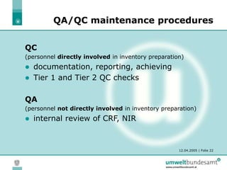 12.04.2005 | Folie 22
QA/QC maintenance procedures
QC
(personnel directly involved in inventory preparation)
 documentation, reporting, achieving
 Tier 1 and Tier 2 QC checks
QA
(personnel not directly involved in inventory preparation)
 internal review of CRF, NIR
 