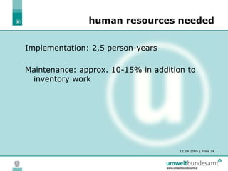 12.04.2005 | Folie 24
human resources needed
Implementation: 2,5 person-years
Maintenance: approx. 10-15% in addition to
inventory work
 