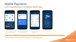Mobile Payments
User experience in a Mobile Bank App
On-boarding of new virtual card ready for mobile payment
 