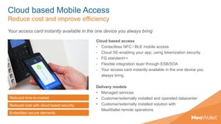 Cloud based Mobile Access
Reduce cost and improve efficiency
Cloud based access
- Contactless NFC / BLE mobile access
- Cloud SE-enabling your app, using tokenization security
- FG standard++
- Flexible integration layer through ESB/SOA
- Your access card instantly available in the one device you
always bring
Delivery models
• Managed services
• Customer/externally installed and operated datacenter
• Customer/externally installed solution with
MeaWallet remote operations
Your access card instantly available in the one device you always bring
Reduced time-to-market
Reduced cost with cloud based security
Embedded secure elements
 
