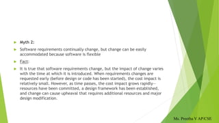  Myth 2:
 Software requirements continually change, but change can be easily
accommodated because software is flexible
 Fact:
 It is true that software requirements change, but the impact of change varies
with the time at which it is introduced. When requirements changes are
requested early (before design or code has been started), the cost impact is
relatively small. However, as time passes, the cost impact grows rapidly—
resources have been committed, a design framework has been established,
and change can cause upheaval that requires additional resources and major
design modification.
Ms. Preetha V AP/CSE
 