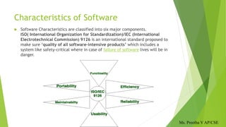 Characteristics of Software
 Software Characteristics are classified into six major components.
ISO( International Organization for Standardization)/IEC (International
Electrotechnical Commission) 9126 is an international standard proposed to
make sure ‘quality of all software-intensive products’ which includes a
system like safety-critical where in case of failure of software lives will be in
danger.
Ms. Preetha V AP/CSE
 