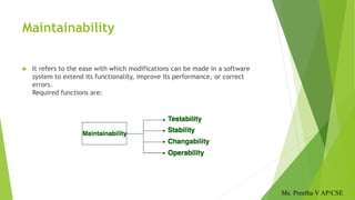 Maintainability
 It refers to the ease with which modifications can be made in a software
system to extend its functionality, improve its performance, or correct
errors.
Required functions are:
Ms. Preetha V AP/CSE
 