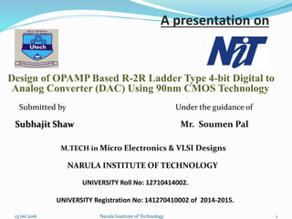A presentation on
Design of OPAMP Based R-2R Ladder Type 4-bit Digital to
Analog Converter (DAC) Using 90nm CMOS Technology
Submitted by Under the guidance of
Subhajit Shaw Mr. Soumen Pal
M.TECH in Micro Electronics & VLSI Designs
NARULA INSTITUTE OF TECHNOLOGY
UNIVERSITY Roll No: 12710414002.
UNIVERSITY Registration No: 141270410002 of 2014-2015.
113/06/2016 Narula Institute of Technology
 