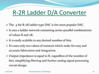R-2R Ladder D/A Converter
 The 4-bit R-2R ladder type DAC is the most popular DAC.
 It uses a ladder network containing series-parallel combinations
of values R and 2R.
 It is easily scalable to any desired number of bits.
 It’s uses only two values of resistors which make for easy and
accurate fabrication and integration.
 Output impedance is equal to R, regardless of the number of
bits, simplifying filtering and further analog signal processing
circuit design.
13/06/2016 18Narula Institute of Technology
 