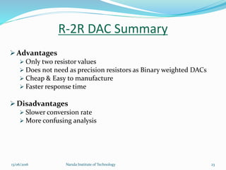  Advantages
 Only two resistor values
 Does not need as precision resistors as Binary weighted DACs
 Cheap & Easy to manufacture
 Faster response time
 Disadvantages
 Slower conversion rate
 More confusing analysis
R-2R DAC Summary
2313/06/2016 Narula Institute of Technology
 