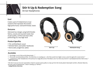Stir  It  Up  &  Redemption  Song
On-­‐Ear  Headphones
Accolades
“…the  design  is  out  of  this  world  phenomenal…”
“…the  sound  was  absolutely  pristine. No  distortion,  no  washing  out  – all  of  the  sounds  from  highs  to  lows  came  through  with  crystal  clarity.”
“…compared  to  other  headphones  in  the  same  price  range  (like  some  of  the  Beats  cans  I’ve  tried  out),  the  Stir  It  Up  headphones  blow  them  away.”
-­‐ CNET  [11/23/2011]
“The  Stir  It  Up  won  me  over  even  before  I  heard  it.  Construction  quality  is  a  step  up  from  the  mostly  plastic  Bose  Quiet  Comfort,  Monster  Beats  by  
Dre  and  Ludacris  headphones.”  Editor’s  Rating:  5/5  “Perfect”
-­‐ GadgetReview  [8/3/2015]
Stir  It  Up Redemption  Song
Goal
Create  a  pair  of  mid/premium  on-­‐ear  
solutions  that  represent  the  brand’s  
high-­‐performance   and  Earth-­‐friendly  ideals
Outcome
Delivered  two  designs  using  Earth-­‐friendly  
fabrics,  woods  and  recycled  metals  that  
exude  quality,  comfort  and  style  while  
performing  at  a  very  high  level
Product  Specifics
s FSC-­‐certified  Beech  wood
s Stitched  fabric  and  leather  headbands
s Removable,  tangle-­‐free  cables
 