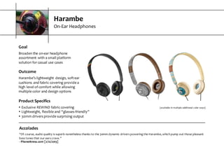 Harambe
On-­‐Ear  Headphones
Accolades
“Of  course,  audio  quality  is  superb  nonetheless  thanks  to  the  30mm  dynamic  drivers  powering  the  Harambe,  which  pump  out  those pleasant  
bass  tones  that  our  ears  crave.”
-­‐ PhoneArena.com  [2/12/2013]
(available  in  multiple  additional  color  ways)
Goal
Broaden  the  on-­‐ear  headphone  
assortment  with  a  small  platform  
solution  for  casual  use  cases
Outcome
Harambe’s  lightweight   design,  soft  ear  
cushions  and  fabric  covering  provide  a  
high  level  of  comfort  while  allowing  
multiple  color  and  design  options
Product  Specifics
s Exclusive  REWIND  fabric  covering
s Lightweight,  flexible  and  “glasses-­‐friendly”
s 30mm  drivers  provide  surprising  output
 