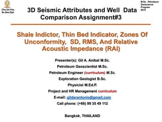 Chu.Un.Fac.
Sc.Geo.Dpt.
M.Sc. Petroleum
Geoscience
Program
2015
3D Seismic Attributes and Well Data
Comparison Assignment#3
Shale Indictor, Thin Bed Indicator, Zones Of
Unconformity, SD, RMS, And Relative
Acoustic Impedance (RAI)
Presenter(s): Gil A. Anibal M.Sc.
Petroleum Geoscientist M.Sc.
Petroleum Engineer (curriculum) M.Sc.
Exploration Geologist B.Sc.
Physicist M.Ed.P.
Project and HR Management curriculum
E-mail: gilderantonio@gmail.com
Call phone: (+66) 99 35 49 112
Bangkok, THAILAND
 