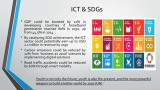 ICT & SDGs
• GDP could be boosted by 12% in
developing countries if broadband
penetration reached 80% in 2030, up
from 44.5% in 2014
• By catalyzing SDG achievement, the ICT
sector could potentially earn up to USD
2.1 trillion in revenue by 2030
• Carbon emissions could be reduced by
12% from ‘business as usual’ scenario by
implementing digital solutions
• Road traffic accidents could be reduced
by 60% through smart mobility
Youth is not only the future, youth is also the present, and the most powerful
weapon to build a better world by 2030 (UN)
 