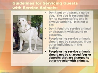 Guidelines for Servicing Guests with Service Animals: Don’t pet or distract a guide dog.  The dog is responsible for its owners safety and is always working.  It is not a pet. Don’t feed the service animal or distract it with sound or gestures. People using service animals should not be separated from other individuals in the facility. People using service animals  should not be charged fees  or deposits that are charged to other traveler with animals. 
