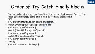 Order of Try-Catch-Finally blocks
• In the order of exceptions handling blocks try block comes first, after
that catch block(s) come and in the last finally block come.
• try
• { // statements that can cause exception. }
• catch (MoreSpecificExceptionType e1)
• { // error handling code }
• catch (SpecificExceptionType e2)
• { // error handling code }
• catch (GeneralExceptionType eN)
• { // error handling code }
• finally
• { // statement to clean up. }
 