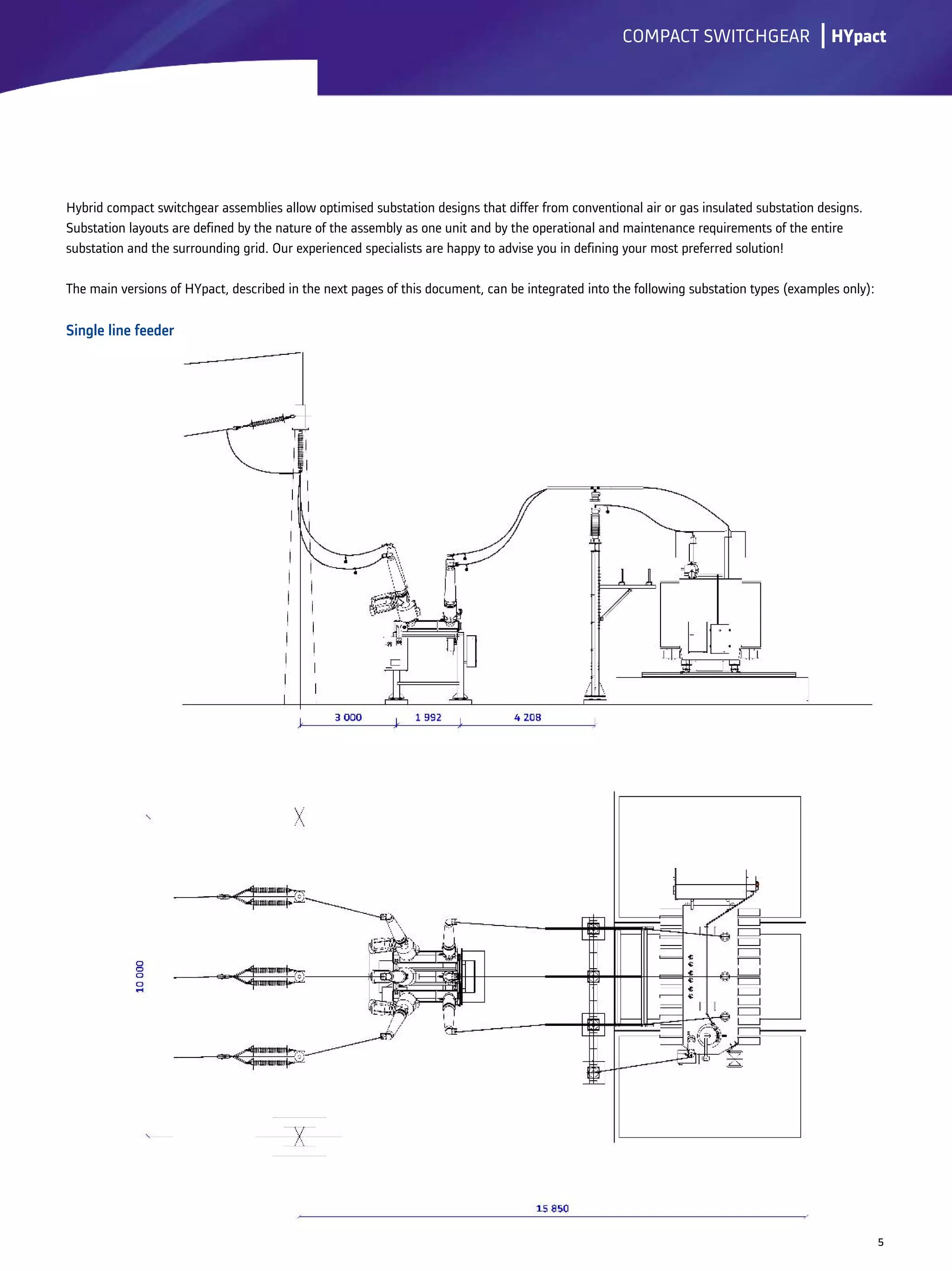 Hybrid compact switchgear assemblies allow optimised substation designs that differ from conventional air or gas insulated substation designs.
Substation layouts are defined by the nature of the assembly as one unit and by the operational and maintenance requirements of the entire
substation and the surrounding grid. Our experienced specialists are happy to advise you in defining your most preferred solution!
The main versions of HYpact, described in the next pages of this document, can be integrated into the following substation types (examples only):
Single line feeder
lCOMPACT SWITCHGEAR
5
HYpact
 