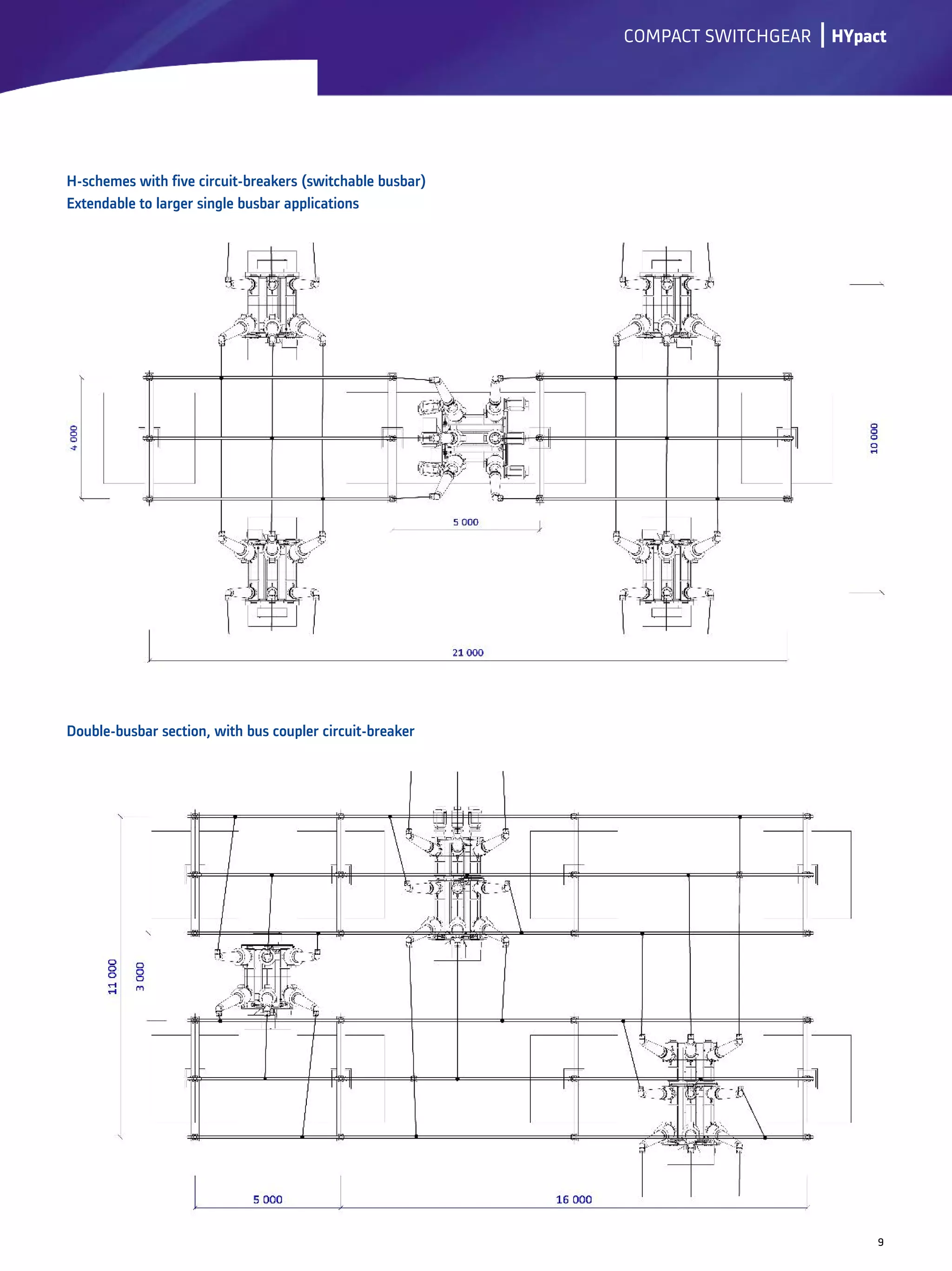Double-busbar section, with bus coupler circuit-breaker
lCOMPACT SWITCHGEAR
H-schemes with five circuit-breakers (switchable busbar)
Extendable to larger single busbar applications
9
HYpact
 