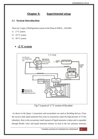 EXPERIMENTAL SETUP
“THERMAL DESIGN OF EVAPORATIVE CONDENSER” 11
Chapter 3: Experimental setup
3.1 System Introduction
There are 3 types of Refrigeration system in the Plant of AMUL , ANAND.
1) -2 °C system
2) -10 °C system
3) -30 °C system
 -2 °C system
Fig.7 Layout of -2 °C system of the plant
As shown in the figure 1 economiser and accumulator are used as throttling devices. From
the receiver tank liquid ammonia first come to economiser under the high pressure of 13 bar
(absolute). Here in the economiser small amount of liquid ammonia is taken and is expanded
through throttle valve and liquid ammonia releases its heat to the low pressure ammonia
 
