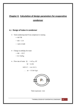 “THERMAL DESIGN OF EVAPORATIVE CONDENSER” 18
Chapter 4: Calculation of design parameters for evaporative
condenser
4.1 Design of tubes in condenser
 Total condensing load if one compressor is running
= 463 TR
= 463 × 3.51
= 1625.13 KW
 Change in enthalpy for water
= 140 - 125.7
= 14.3 KJ/kg
 Flow rate of water Q = ṁ CPW ΔT
Q = ṁ Δh
1625.13 = ṁ ( 14.3 )
. .
. ṁ = 113.64 kg/s
Tube in pressure view
 