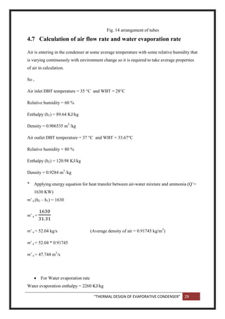 “THERMAL DESIGN OF EVAPORATIVE CONDENSER” 29
Fig. 14 arrangement of tubes
4.7 Calculation of air flow rate and water evaporation rate
Air is entering in the condenser at some average temperature with some relative humidity that
is varying continuously with environment change so it is required to take average properties
of air in calculation.
So ,
Air inlet DBT temperature = 35 °C and WBT = 28°C
Relative humidity = 60 %
Enthalpy (h1) = 89.64 KJ/kg
Density = 0.906535 m3
/kg
Air outlet DBT temperature = 37 °C and WBT = 33.67°C
Relative humidity = 80 %
Enthalpy (h2) = 120.98 KJ/kg
Density = 0.9284 m3
/kg

Applying energy equation for heat transfer between air-water mixture and ammonia (Q˚≈
1630 KW)
m˚ a (h2 – h1) = 1630
m˚ a =
m˚ a = 52.04 kg/s (Average density of air = 0.91745 kg/m3
)
m˚ a = 52.04 * 0.91745
m˚ a = 47.744 m3
/s
 For Water evaporation rate
Water evaporation enthalpy = 2260 KJ/kg
 