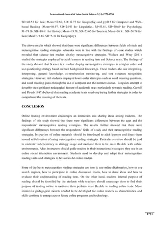 International Journal of Asian Social Science 2(10):1779-1794
1791
SD=40.55 for Law; Mean=59.65, SD=12.77 for Geography) and p≤.012 for Computer and Web-
based Reading (Mean=56.97, SD=24.93 for Linguistics; M=53.41, SD=30.69 for Psychology;
M=79.06, SD=18.61 for History; Mean=19.78, SD=23.65 for Tourism; Mean=66.91, SD=24.74 for
Law; Mean=72.86, SD=5.76 for Geography).
The above results which showed that there were significant differences between fields of study and
metacognitive reading strategies subscales were in line with the findings of some studies which
revealed that science text readers display metacognitive strategies. Wallace and Wray (2011)
studied the strategies employed by adult learners in reading Arts and Science texts. The findings of
the study showed that Science text readers display metacognitive strategies in a higher order and
use questioning strategy based on their background knowledge. These readers also use integrating,
interpreting, general knowledge, comprehension monitoring, and text structure recognition
strategies. However, Art students employed lower-order strategies such as word meaning questions,
and word meaning guess through the use of computer and the internet sources. Linguists attempt to
describe the significant pedagogical feature of academic texts particularly towards reading. Carrell
and Floyd (1987) believed that reading academic texts need employing further strategies in order to
comprehend the meaning of the texts.
CONCLUSION
Online reading environment encourages an interaction and sharing ideas among students. The
findings of this study showed that there were significant differences between the ages and the
respondents‟ metacognitive reading strategies. The results further showed that there were
significant differences between the respondents‟ fields of study and their metacognitive reading
strategies. Instruction of online materials should be introduced to adult learners and direct them
toward self-direction of using metacognitive reading strategies. Particular attention should be paid
to students‟ independency in strategy usage and motivate them to be more flexible with online
environments. Also, instructors should guide readers in their interactional strategies they use in an
online social interaction environment. Students need to develop and adopt their metacognitive
reading skills and strategies to be successful online readers.
Some of the basic metacognitive reading strategies are how to use online dictionaries, how to use
search engines, how to participate in online discussion rooms, how to share ideas and how to
evaluate their understanding of reading texts. On the other hand, students internal purpose of
reading should be identified by the students while teachers should encourage them to find their
purpose of reading online to motivate them perform more flexible in reading online texts. More
immersive pedagogical models needed to be developed for online readers as characteristics and
skills continue to emerge across future online programs and technology.
 