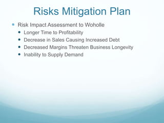 Risks Mitigation Plan
 Risk Impact Assessment to Woholle
 Longer Time to Profitability
 Decrease in Sales Causing Increased Debt
 Decreased Margins Threaten Business Longevity
 Inability to Supply Demand
 