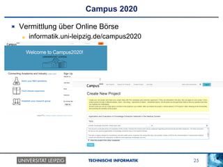 25TECHNISCHE INFORMATIK
Campus 2020
!   Vermittlung über Online Börse
! informatik.uni-leipzig.de/campus2020
 