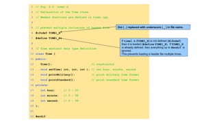 1 // Fig. 6.5: time1.h
2 // Declaration of the Time class.
3 // Member functions are defined in time1.cpp
4
5 // prevent multiple inclusions of header file
6 #ifndef TIME1_H
7 #define TIME1_H
8
9 // Time abstract data type definition
10 class Time {
11 public:
12 Time(); // constructor
13 void setTime( int, int, int ); // set hour, minute, second
14 void printMilitary(); // print military time format
15 void printStandard(); // print standard time format
16 private:
17 int hour; // 0 - 23
18 int minute; // 0 - 59
19 int second; // 0 - 59
20 };
21
22 #endif
If time1.h (TIME1_H) is not defined (#ifndef)
then it is loaded (#define TIME1_H). If TIME1_H
is already defined, then everything up to #endif is
ignored.
This prevents loading a header file multiple times.
Dot ( . ) replaced with underscore ( _ ) in file name.
 