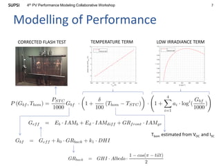 74th PV Performance Modeling Collaborative Workshop
Modelling of Performance
LOW IRRADIANCE TERMCORRECTED FLASH TEST TEMPERATURE TERM
Tbom estimated from VOC and ISC
 