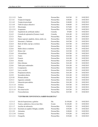 9 de Marzo de 2016 GACETA OFICIAL DE LA CIUDAD DE MÉXICO 21
2.2.1.3.13 Taebo Persona/Mes $167,00 33 18/02/2015
2.2.1.4.1 Terapia de lenguaje Persona/Mes $140,00 33 18/02/2015
2.2.1.4.2 Terapia de psicología Persona/Mes $140,00 33 18/02/2015
2.2.1.4.4 Taller de apoyo educativo Persona/Mes $140,00 33 18/02/2015
2.2.1.5.5 Masoterapia Persona/Mes $174,00 33 18/02/2015
2.2.1.5.11 Acupuntura Persona/Mes $174,00 33 18/02/2015
2.2.4.2 Expedición de certificado médico Consulta $74,00 33 18/02/2015
2.2.4.3 Consulta de optometría (Examen visual) Consulta $101,00 33 18/02/2015
2.2.5.3 Piano Persona/Mes $161,00 33 18/02/2015
2.2.6.2 Danza regional, española, clásica, árabe, etc. Persona/Mes $167,00 33 18/02/2015
2.2.6.3 Hawaiano y Tahitiano Persona/Mes $167,00 33 18/02/2015
2.2.6.4 Baile de Salón, tap tap y similares Persona/Mes $167,00 33 18/02/2015
2.2.6.5 Jazz Persona/Mes $167,00 33 18/02/2015
2.2.6.6 Ballet clásico o moderno Persona/Mes $167,00 33 18/02/2015
2.2.6.7 Ritmo vital Persona/Mes $167,00 33 18/02/2015
2.2.6.8 Afroantillano Persona/Mes $167,00 33 18/02/2015
2.2.7.1 Teatro Persona/Mes $167,00 33 18/02/2015
2.2.8.3 Francés Persona/Mes $161,00 33 18/02/2015
2.2.8.4 Alemán Persona/Mes $161,00 33 18/02/2015
2.2.8.5 Otros Idiomas Persona/Mes $161,00 33 18/02/2015
2.2.8.6 Taller para sordomudos Persona/Mes $161,00 33 18/02/2015
2.2.9.1 Computación Persona/Mes $344,00 33 18/02/2015
2.2.9.7 Leer y escribir Persona/Mes $161,00 33 18/02/2015
2.2.9.8 Preparatoria abierta Persona/Mes $161,00 33 18/02/2015
2.2.9.9 Secundaria abierta Persona/Mes $161,00 33 18/02/2015
2.2.9.10 Primaria abierta Persona/Mes $161,00 33 18/02/2015
2.2.9.11 Juguemos cantando Persona/Mes $161,00 33 18/02/2015
2.2.9.13 Educación para adultos Persona/Mes $161,00 33 18/02/2015
2.2.11.1.4 Artística Persona/Mes $167,00 33 18/02/2015
2.2.11.1.5 Olímpica Persona/Mes $167,00 33 18/02/2015
2.2.11.1.6 De conservación Persona/Mes $167,00 33 18/02/2015
2.2.12.1 Fisicoculturismo Persona/Mes $167,00 33 18/02/2015
"CENTRO DE CONVIVENCIA JARDIN BALBUENA"
1.2.3.1.2 Sala de Exposiciones y galerías Día $1.036,00 33 18/02/2015
1.2.3.1.3 Teatros, auditorios y foros al aire libre Evento $1.036,00 33 18/02/2015
2.2.1.1.7 Auxiliar de enfermería Persona/Mes $192,00 33 18/02/2015
2.2.1.1.12 Secretaría en español, bilingüe, contable Persona/Mes $192,00 33 18/02/2015
2.2.1.2.8 Artesanías Persona/Mes $180,00 33 18/02/2015
2.2.1.2.10 Cerámica Persona/Mes $192,00 33 18/02/2015
2.2.1.2.11 Fotografía Persona/Mes $192,00 33 18/02/2015
 