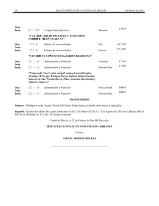 38 GACETA OFICIAL DE LA CIUDAD DE MÉXICO 9 de Marzo de 2016
Debe
decir: 2.1.1.17.7 Terapia física deportiva Mensual
139.00
"TEATRO CARLOS PELLICER Y AUDITORIO
ENRIQUE TIERNO GALVAN"
Dice: 1.2.3.1.6 Salones de usos múltiples Día 1,421.00
Debe
decir: 1.2.3.1.6 Salones de usos múltiples Evento
1,421.00
"CENTRO DE CONVIVENCIA JARDIN BALBUENA"
Dice: 2.2.1.1.16 Alimentación y Nutrición Consulta 171.00
Debe
decir: 2.2.1.1.16 Alimentación y Nutrición Persona/Mes
171.00
"Centros de Convivencia Arenal, Azteca,Caracol,Cuatro
Arboles, El Parque, Enrique Tierno Galván, Kiosco Fortino
Serrano Servín, Nicolás Bravo, Plaza Aviación, Revolución y
Vicente Guerrero"
Dice: 2.2.1.1.16 Alimentación y Nutrición Por/Consulta 104.00
Debe
decir: 2.2.1.1.16 Alimentación y Nutrición Persona/Mes
104.00
TRANSITORIOS
Primero.- Publíquese en la Gaceta Oficial del Distrito Federal para su debida observancia y aplicación.
Segundo.- Quedan sin efecto las cuotas publicadas el día 12 de Mayo de 2015 y 12 de Agosto de 2015 en la Gaceta Oficial
del Distrito Federal No. 87 y No. 153 respectivamente.
Ciudad de México, a 22 de Febrero de Dos Mil Dieciséis.
JEFE DELEGACIONAL EN VENUSTIANO CARRANZA
(Firma)
ISRAEL MORENO RIVERA
 