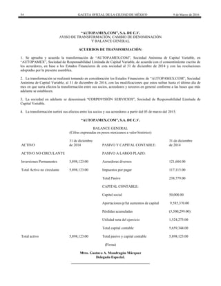 54 GACETA OFICIAL DE LA CIUDAD DE MÉXICO 9 de Marzo de 2016
“AUTOPAMEX.COM”, S.A. DE C.V.
AVISO DE TRANSFORMACIÓN, CAMBIO DE DENOMINACIÓN
Y BALANCE GENERAL
ACUERDOS DE TRANSFORMACIÓN:
1. Se aprueba y acuerda la transformación de “AUTOPAMEX.COM”, Sociedad Anónima de Capital Variable, en
“AUTOPAMEX”, Sociedad de Responsabilidad Limitada de Capital Variable, de acuerdo con el consentimiento escrito de
los acreedores, en base a los Estados Financieros de esta sociedad al 31 de diciembre de 2014 y con las resoluciones
adoptadas por la presente asamblea.
2. La transformación se realizará tomando en consideración los Estados Financieros de “AUTOPAMEX.COM”, Sociedad
Anónima de Capital Variable, al 31 de diciembre de 2014, con las modificaciones que estos sufran hasta el último día de
mes en que surta efectos la transformación entre sus socios, acreedores y terceros en general conforme a las bases que más
adelante se establecen.
3. La sociedad en adelante se denominará “CORPOVISIÓN SERVICIOS”, Sociedad de Responsabilidad Limitada de
Capital Variable.
4. La transformación surtirá sus efectos entre los socios y sus acreedores a partir del 05 de marzo del 2015.
“AUTOPAMEX.COM”, S.A. DE C.V.
BALANCE GENERAL
(Cifras expresadas en pesos mexicanos a valor histórico)
31 de diciembre 31 de diciembre
ACTIVO de 2014 PASIVO Y CAPITAL CONTABLE: de 2014
ACTIVO NO CIRCULANTE PASIVO A LARGO PLAZO:
Inversiones Permanentes 5,898,123.00 Acreedores diversos 121,604.00
Total Activo no circulante 5,898,123.00 Impuestos por pagar 117,115.00
Total Pasivo 238,779.00
CAPITAL CONTABLE:
Capital social 50,000.00
Aportaciones p/fut aumentos de capital 9,585,370.00
Pérdidas acumuladas (5,500,299.00)
Utilidad neta del ejercicio 1,524,273.00
Total capital contable 5,659,344.00
Total activo 5,898,123.00 Total pasivo y capital contable 5,898,123.00
(Firma)
Mtro. Gustavo A. Mondragón Márquez
Delegado Especial.
 