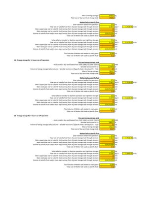 Mass of energy storage = 8764.1 Kg
Total cost of dry sand heat storage tank = 1928.1 $
Molten Salt as calorific fluid
Solar radiation needed for operation = 27.2 Kw
Flow rate of calorific fluid from dry sand storage tank through receiver = 0.0631 Kg/s = 3.753E-05 m3/s
Main copper pipe size for calorific fluid running from dry sand storage tank through receiver = 15 mm
Main steel pipe size for calorific fluid running from dry sand storage tank through receiver = 15 mm
Volume of calorific fluid used in main pipe running from dry sand storage tank through receiver = 0.001767094 m3
Total cost of Molten Salt used as calorific fluid = 3.56 $
Solar radiation needed for daytime operation and nighttime storage = 50.2 Kw
Flow rate of calorific fluid from dry sand storage tank through receiver = 0.1162 Kg/s = 6.917E-05 m3/s
Main copper pipe size for calorific fluid running from dry sand storage tank through receiver = 15 mm
Main steel pipe size for calorific fluid running from dry sand storage tank through receiver = 15 mm
Volume of calorific fluid used in main pipe running from dry sand storage tank through receiver = 0.001767094 m3
Total volume of Molten salt needed in main pipes = 0.004 m3
Total cost of Molten Salt used as calorific fluid = 7.12 $
3.4 - Energy storage for 12-hours cut-off operation
Dry sand energy storage tank
- Heat stored in dry sand heated from 550F (288C) to 1050F (565C)= 327 KWh
Sensible heat stored in KJ = 1177046 KJ
Volume of energy storage tanks [volume = Sensible heat store / (Specific heat x Density x (T2 - T1))] = 4.5 m3
Mass of energy storage = 5842.7 Kg
Total cost of dry sand heat storage tank = 1285.4 $
Molten Salt as calorific fluid
Solar radiation needed for operation = 27.2 Kw
Flow rate of calorific fluid from dry sand storage tank through receiver = 0.0631 Kg/s = 3.753E-05 m3/s
Main copper pipe size for calorific fluid running from dry sand storage tank through receiver = 15 mm
Main steel pipe size for calorific fluid running from dry sand storage tank through receiver = 15 mm
Volume of calorific fluid used in main pipe running from dry sand storage tank through receiver = 0.001767094 m3
Total cost of Molten Salt used as calorific fluid = 3.56 $
Solar radiation needed for daytime operation and nighttime storage = 33.5 Kw
Flow rate of calorific fluid from dry sand storage tank through receiver = 0.0775 Kg/s = 4.611E-05 m3/s
Main copper pipe size for calorific fluid running from dry sand storage tank through receiver = 15 mm
Main steel pipe size for calorific fluid running from dry sand storage tank through receiver = 15 mm
Volume of calorific fluid used in main pipe running from dry sand storage tank through receiver = 0.001767094 m3
Total volume of Molten salt needed in main pipes = 0.004 m3
Total cost of Molten Salt used as calorific fluid = 7.12 $
3.5 - Energy storage for 6-hours cut-off operation
Dry sand energy storage tank
- Heat stored in dry sand heated from 550F (288C) to 1050F (565C)= 163 KWh
Sensible heat stored in KJ = 588523 KJ
Volume of energy storage tanks [volume = Sensible heat store / (Specific heat x Density x (T2 - T1))] = 2.2 m3
Mass of energy storage = 2921.4 Kg
Total cost of dry sand heat storage tank = 642.7 $
Molten Salt as calorific fluid
Solar radiation needed for operation = 27.2 Kw
Flow rate of calorific fluid from dry sand storage tank through receiver = 0.0631 Kg/s = 3.753E-05 m3/s
Main copper pipe size for calorific fluid running from dry sand storage tank through receiver = 15 mm
Main steel pipe size for calorific fluid running from dry sand storage tank through receiver = 15 mm
Volume of calorific fluid used in main pipe running from dry sand storage tank through receiver = 0.001767094 m3
Total cost of Molten Salt used as calorific fluid = 3.56 $
Solar radiation needed for daytime operation and nighttime storage = 16.7 Kw
Flow rate of calorific fluid from dry sand storage tank through receiver = 0.0387 Kg/s = 2.306E-05 m3/s
Main copper pipe size for calorific fluid running from dry sand storage tank through receiver = 15 mm
Main steel pipe size for calorific fluid running from dry sand storage tank through receiver = 15 mm
Volume of calorific fluid used in main pipe running from dry sand storage tank through receiver = 0.001767094 m3
Total volume of Molten salt needed in main pipes = 0.004 m3
Total cost of Molten Salt used as calorific fluid = 7.12 $
 