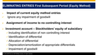 © 2013 SAP AG or an SAP affiliate company. All rights reserved. 13
ELIMINATING ENTRIES First Subsequent Period (Equity Method)
 Impact of current equity method entries
 Ignore any impairment of goodwill
 Assignment of income to no controlling interest
 Investment account – Stockholders’ equity of subsidiary
 Including identification of non controlling interest
 Identification of differential
 Allocation of differential
 Depreciation/amortization of appropriate differentials
 Impairment of goodwill
 