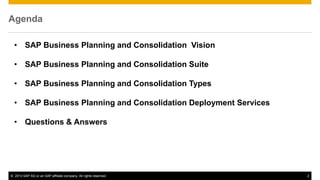 © 2013 SAP AG or an SAP affiliate company. All rights reserved. 2
Agenda
• SAP Business Planning and Consolidation Vision
• SAP Business Planning and Consolidation Suite
• SAP Business Planning and Consolidation Types
• SAP Business Planning and Consolidation Deployment Services
• Questions & Answers
 