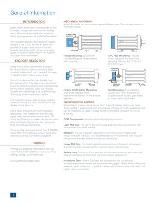 2
General Information
INTRODUCTION
ENCODER SELECTION
PRICING
Nidec Avtron Automation manufactures Avtron
Encoders, recognized as the market leading
brand of industrial encoders (also known as
rotary pulse generators or digital tachometers).
We have been proudly manufacturing rugged
designs in the U.S.A. for over 40 years and
provide full support and serv­ice for all our
models, even older units. As part of a large
global corporation, Nidec-Avtron can support
your application worldwide!
Nidec-Avtron offers ultra-reliable encoders
for all applications. Select a mounting style
(modular, hollow shaft, etc.),then pick the level
of durability (light, heavy, severe duty).
Avtron Encoders are far more durable than
competitive units.They feature cast aluminum
housings, potted electronics, and huge bearings.
For maximum reliability, select our modular
models with no bearings at all, and Wide-Gap
Technology to eliminate head crashes.
Our magnetic sensors also increase reliability
– they withstand dirt, dust, oil and liquids that
disable optical sensors.
Many of our encoders come with onboard
diagnostics.They digitally self-tune for best
signal, and a remote alarm contact and LED
notify you if there is a problem.Yet our encoders
keep working as long as they can, giving you
time to schedule maintenance.
Some models have experienced over 4,500,000
hours Mean-Time-Between-Failure! Keep your
machines running with Avtron Encoders!
Pricing and ordering information can be
obtained directly from our web site, or by
calling, faxing, or e-mail­ing us.
www.avtronencoders.com
MECHANICAL MOUNTING
Avtron Encoders can be mounted several different ways.The standard mounting
methods include:
C/FC Face Mounting: Requires
motor stub shaft and one of the
following: 115mm, 4.5", 6.75", 8.5"
12.5" C/FC-Face.
MOTOR
Hollow Shaft/Tether Mounting:
Stub shaft required. Shaft
requirements depend on the encoder
selected.
MOTOR
Flange Mounting: (Solid Shaft
Coupled) Requires flange adapter
with coupling.
FLANGE
ADAPTER
COUPLING
MOTOR
Foot Mounting: This method is
usually used when encoders are
coupled directly to rolls, gear boxes,
or motors without C-Faces.
FOOT
MOUNTING
BRACKET
FLEXIBLE
COUPLING
MOTOR
ENVIRONMENTAL RATINGS
Nidec-Avtron environmental ratings don’t mean IP sealing. Seals may break
down quickly in applications with temperature changes or small, sealed bearings
can be destroyed by loads. Instead, Nidec-Avtron rates encoders for overall
durability:
OEM Components: Require additional physical protection.
Light Mill Duty: For use in dry commercial and industrial environments with
temperature controlled spaces.
Mill Duty: For use in typical industrial environments. More mechanically
robust than light mill duty. Not recommended for environments with frequent
temperature changes and chronically wet conditions.
Heavy Mill Duty: For more rugged environments with frequent temperature
fluctuations and increased levels of contamination and moisture.
Severe Duty:This rating is for very wet or dusty environments with large and
frequent temperature extremes including outdoor applications.
Hazardous Duty: Avtron Encoders are available for use in explosive
atmospheres; these models are also extremely rugged. Nidec-Avtron offers two
levels of hazard protection: Level 2 for areas with moderate risk, and Level 1 for
higher risk environments.
 